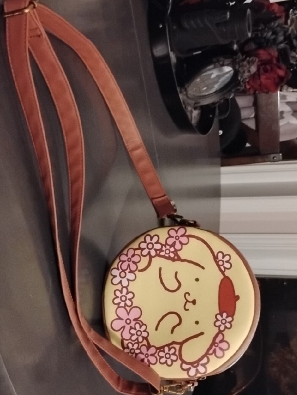 Loungefly Pompompurin Yellow Round Crossbody with Pink Floral Accents - Picture 3 of 5